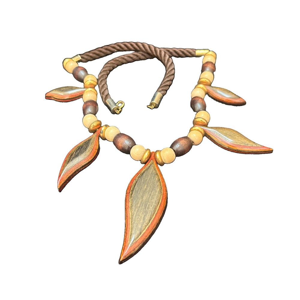 Vintage Wood Beaded Natural Polished Wood Leaf Tribal Ethnic Necklace 23” Long